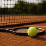 Piłka tenisowa i rakieta na korcie ziemnym podczas turnieju tenisowego