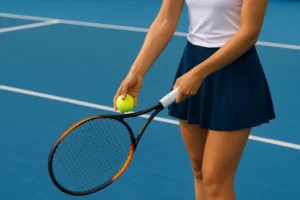 Tenisistka przygotowująca się do serwisu na niebieskim korcie podczas turnieju WTA