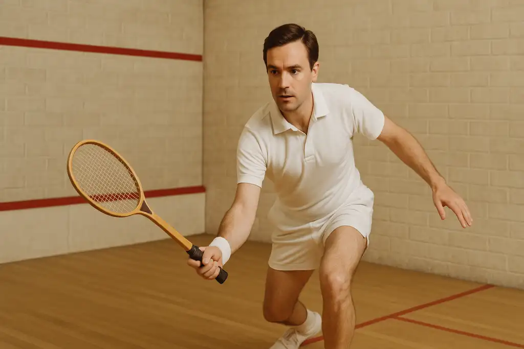 Zawodnik squashowy w klasycznym białym stroju przygotowujący się do uderzenia piłki na tradycyjnym korcie.