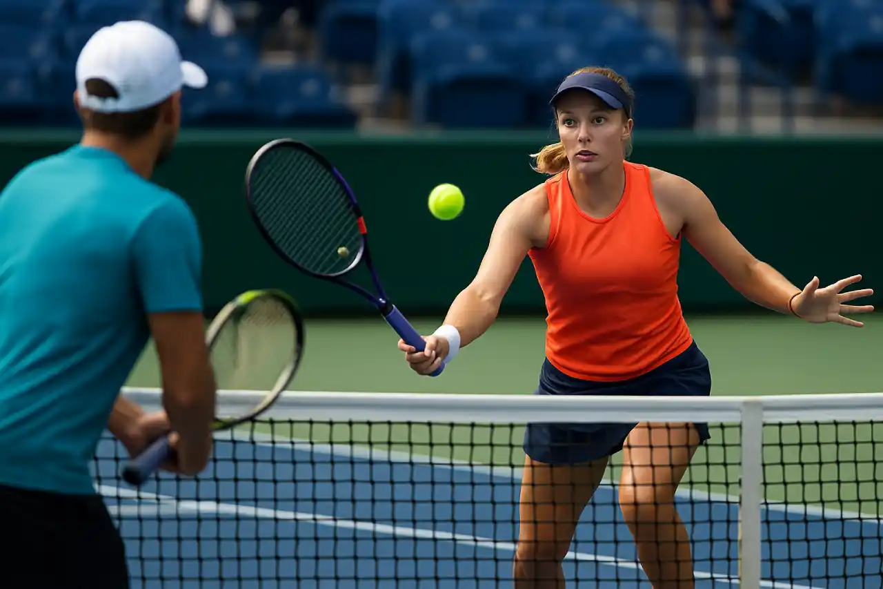 Zawodniczka i zawodnik w trakcie dynamicznej wymiany przy siatce podczas meczu tenisowego na twardym korcie – emocje turniejów WTA i ATP 2025.